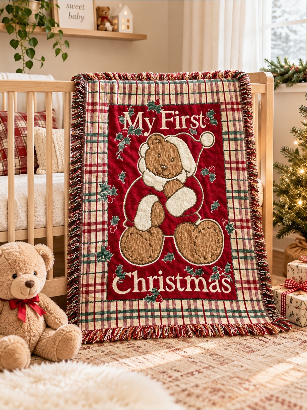 Vintage My First Christmas Teddy Bear Woven Tapestry Throw Blanket Holiday Cotta